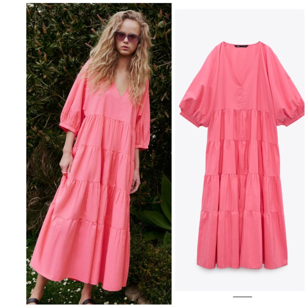 ZARA POPLIN PANELLED DRESS NEON PINK SZ L
